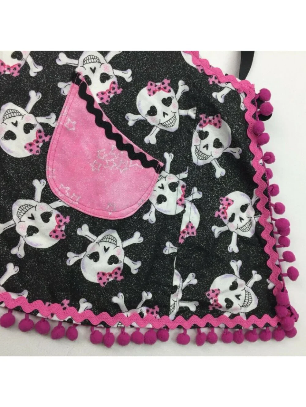 Girls Baking Apron for Kitchen Punk Rock Skulls With Bows Pink Pom Pom Ribbon